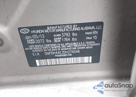 2013 Hyundai Elantra Gls z USA, uszkodzony, nr VIN 5NPDH4AE2DH274546